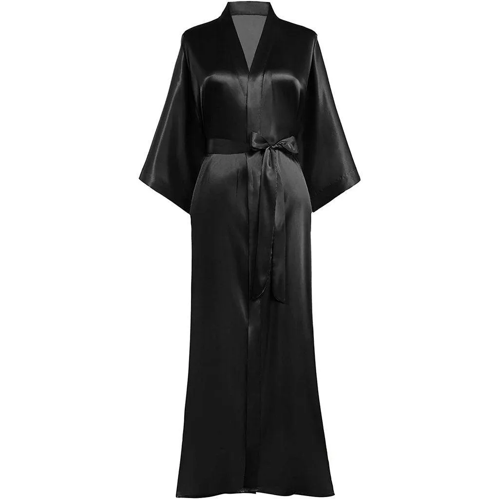 V Neckline Silk Full Length Silk Kimono Robe for Women