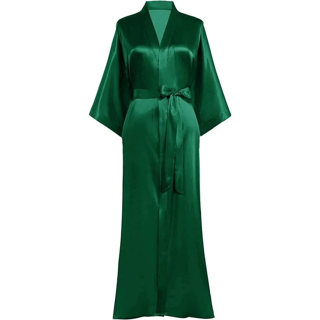 V Neckline Silk Full Length Silk Kimono Robe for Women