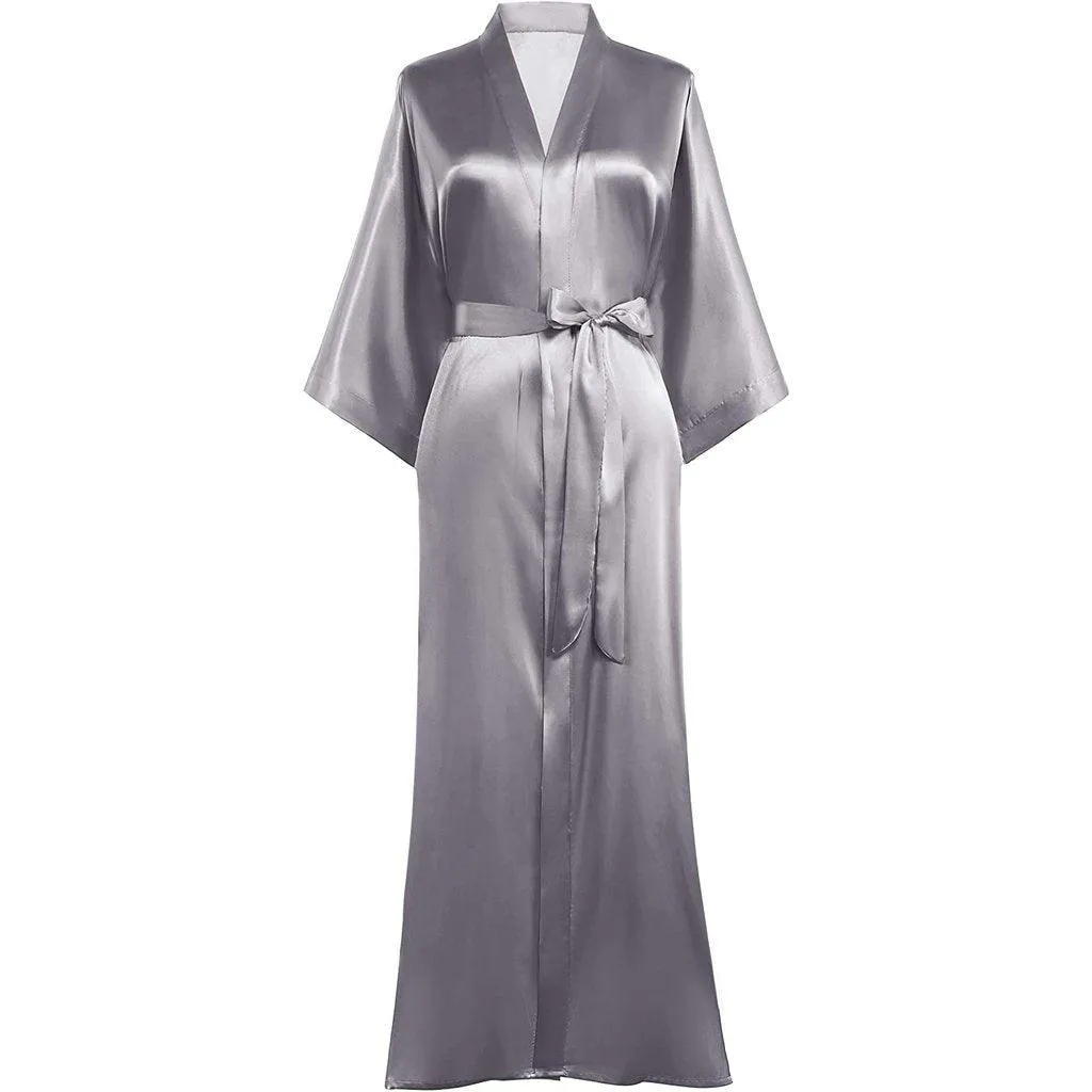 V Neckline Silk Full Length Silk Kimono Robe for Women