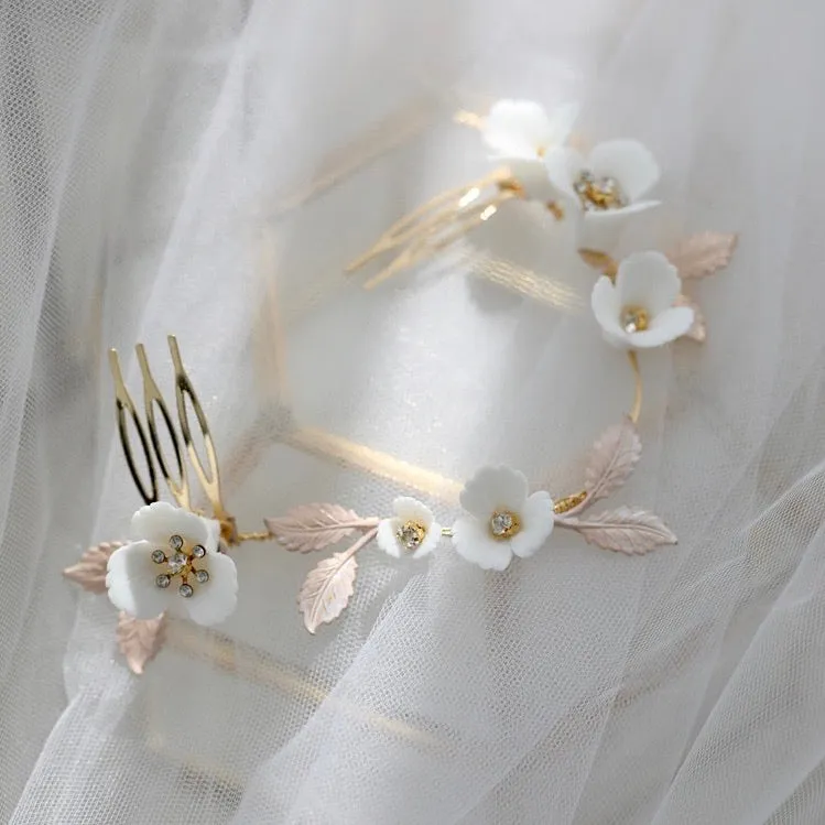 V156. romantic hair vine for bride, blush pink leaves and white flowers