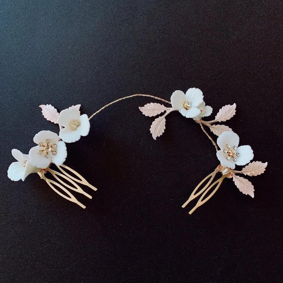 V156. romantic hair vine for bride, blush pink leaves and white flowers