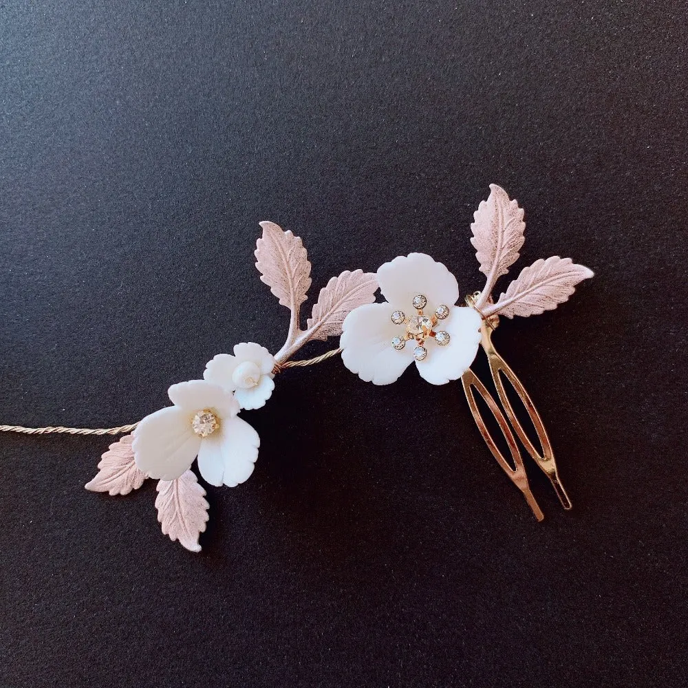 V156. romantic hair vine for bride, blush pink leaves and white flowers