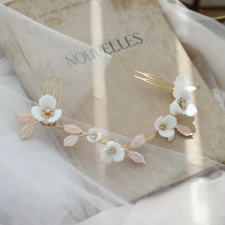 V156. romantic hair vine for bride, blush pink leaves and white flowers