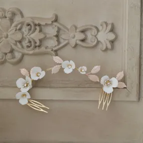 V156. romantic hair vine for bride, blush pink leaves and white flowers