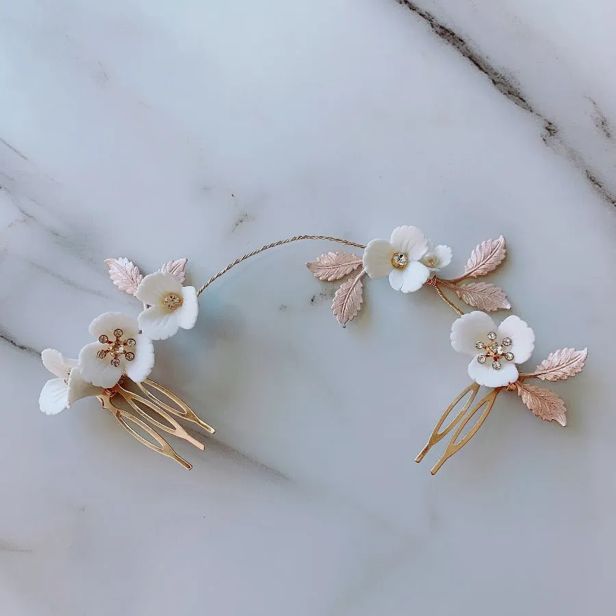 V156. romantic hair vine for bride, blush pink leaves and white flowers