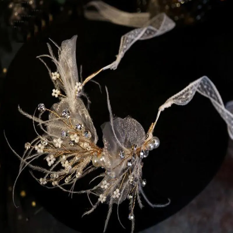 VH-2114 High-End Feather Bridal Headband, Earrings and Corsage