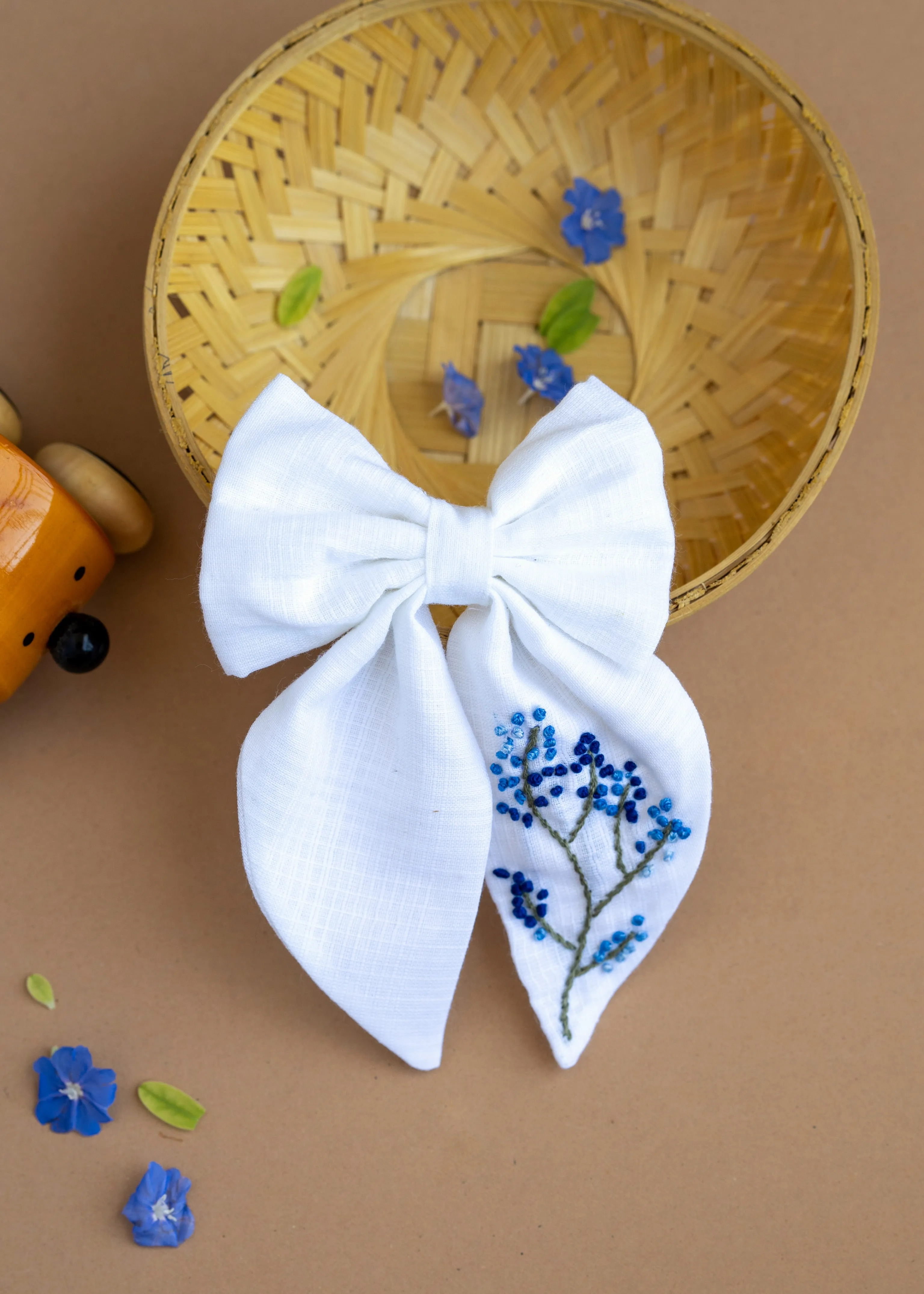 White Hair Bows - Blue Floral