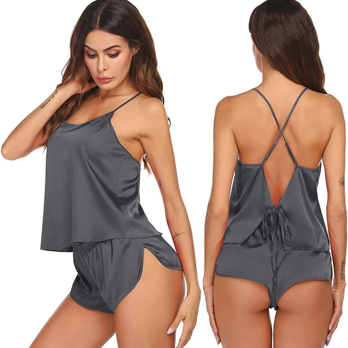 Women Silk Camisole Set Shorts Sexy Lingerie Cami Silk Sleepwear