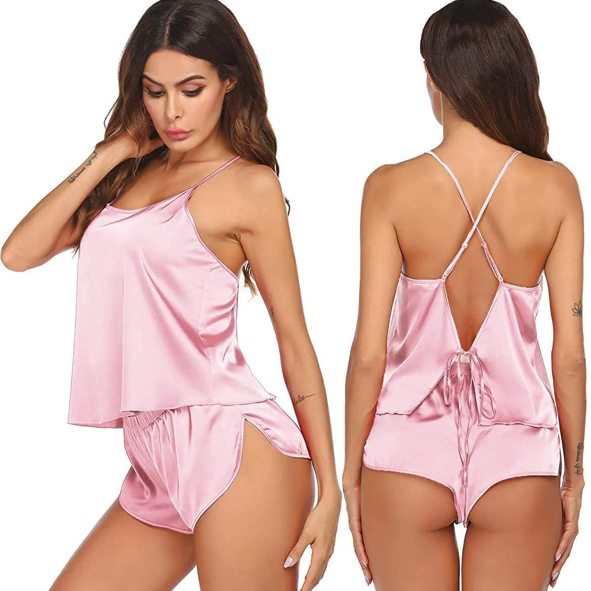 Women Silk Camisole Set Shorts Sexy Lingerie Cami Silk Sleepwear