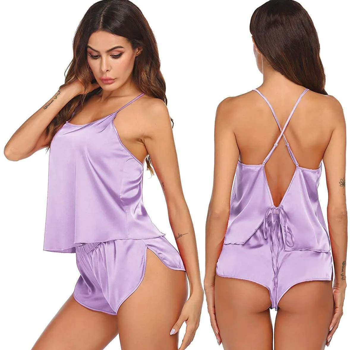 Women Silk Camisole Set Shorts Sexy Lingerie Cami Silk Sleepwear