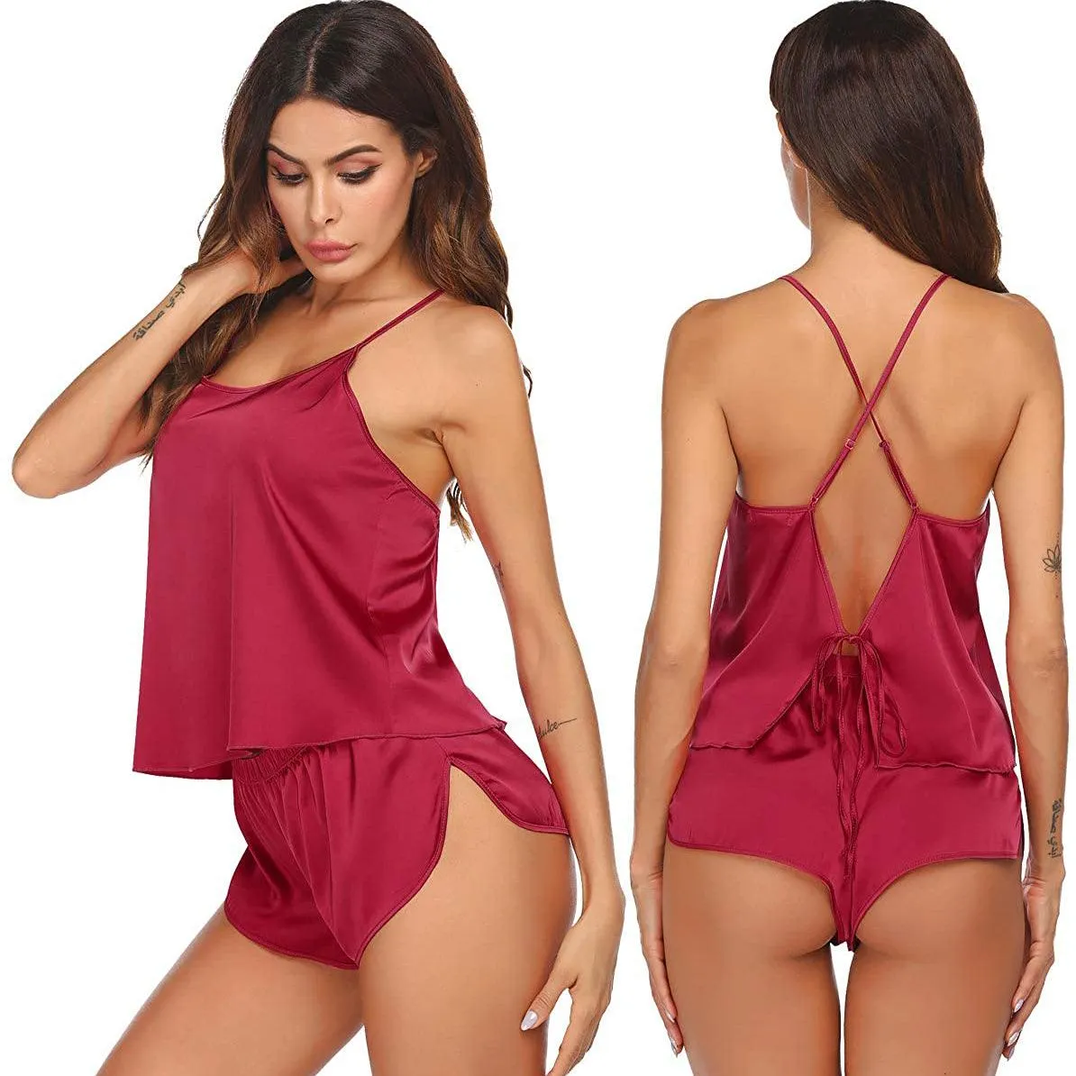 Women Silk Camisole Set Shorts Sexy Lingerie Cami Silk Sleepwear
