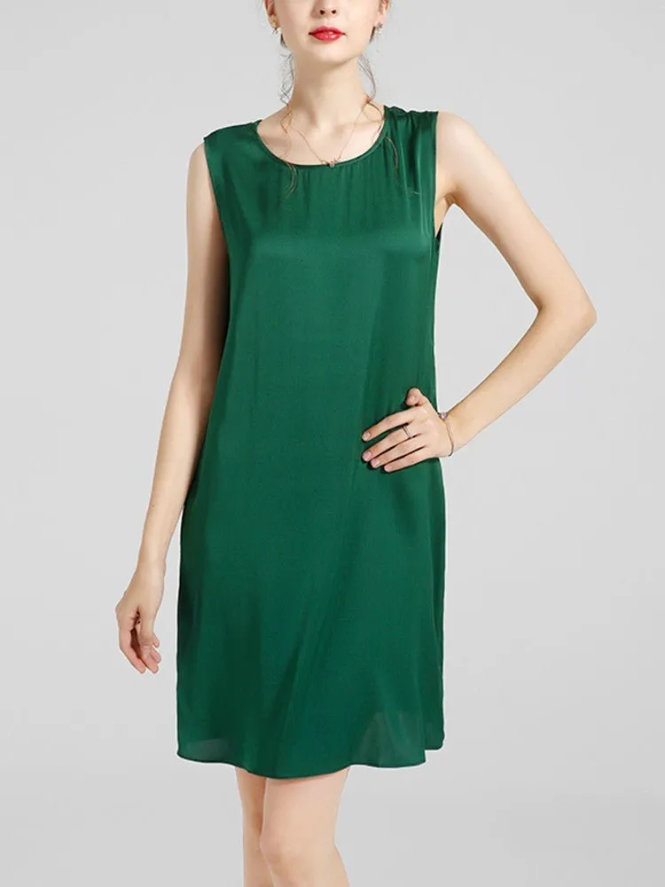 Women's 100% Silk Basic Round Neck Silk Tank Dress