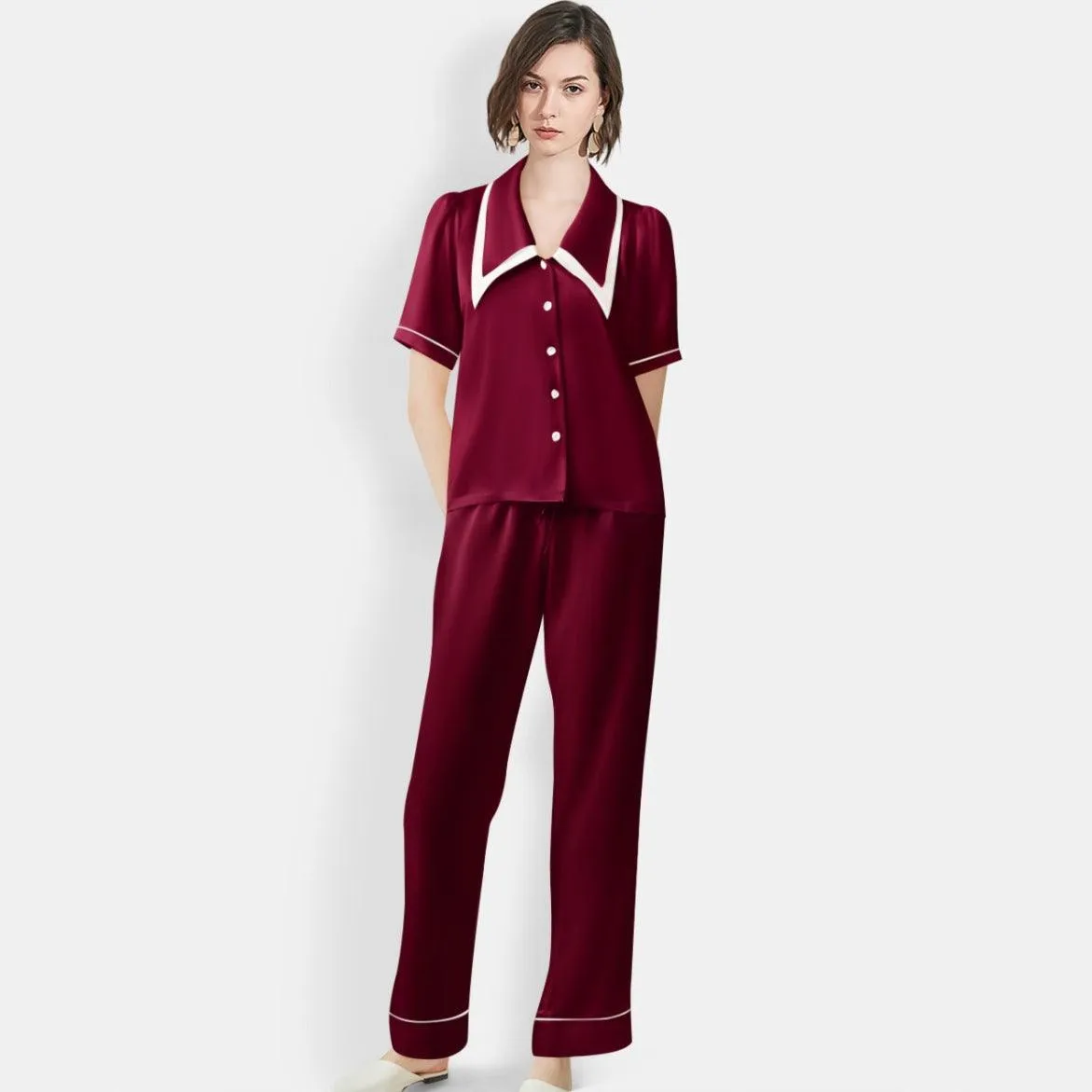 Women's Mulberry Silk Pajama Set Elegant Long Full Length Short Sleeve Silk Sleepwear