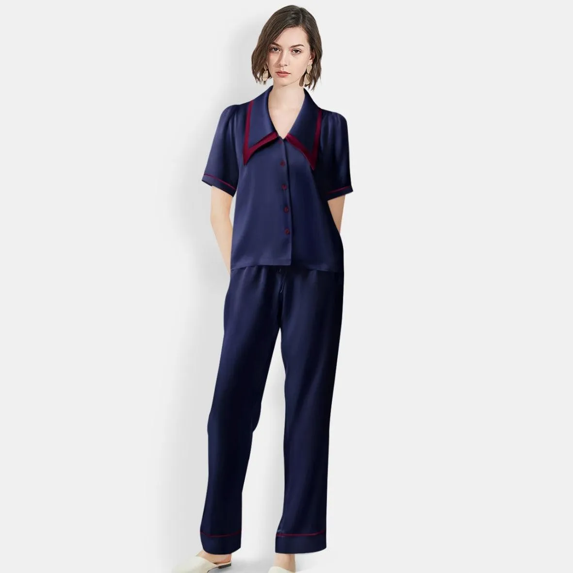 Women's Mulberry Silk Pajama Set Elegant Long Full Length Short Sleeve Silk Sleepwear