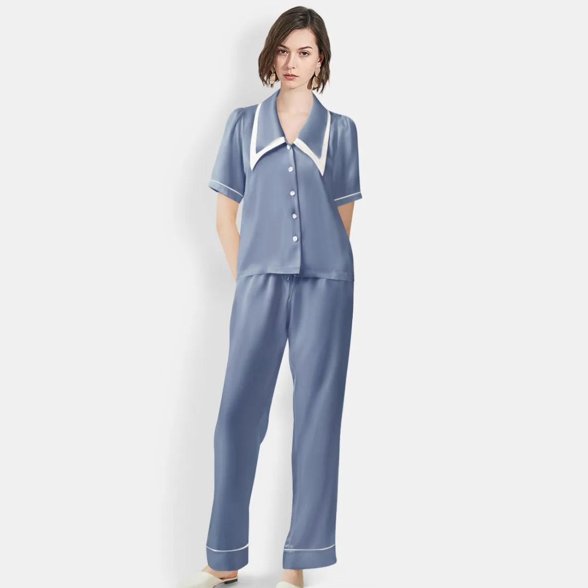 Women's Mulberry Silk Pajama Set Elegant Long Full Length Short Sleeve Silk Sleepwear