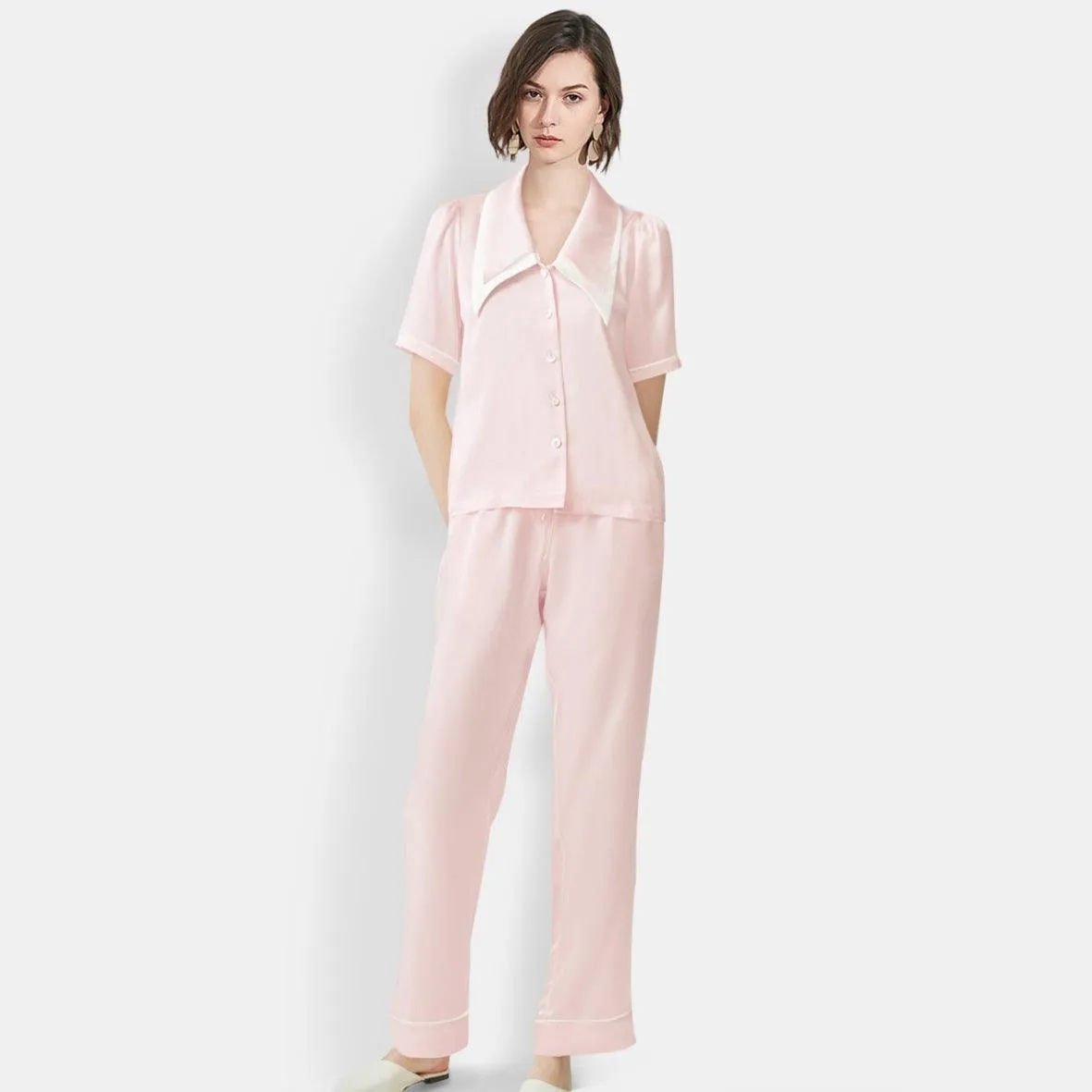 Women's Mulberry Silk Pajama Set Elegant Long Full Length Short Sleeve Silk Sleepwear