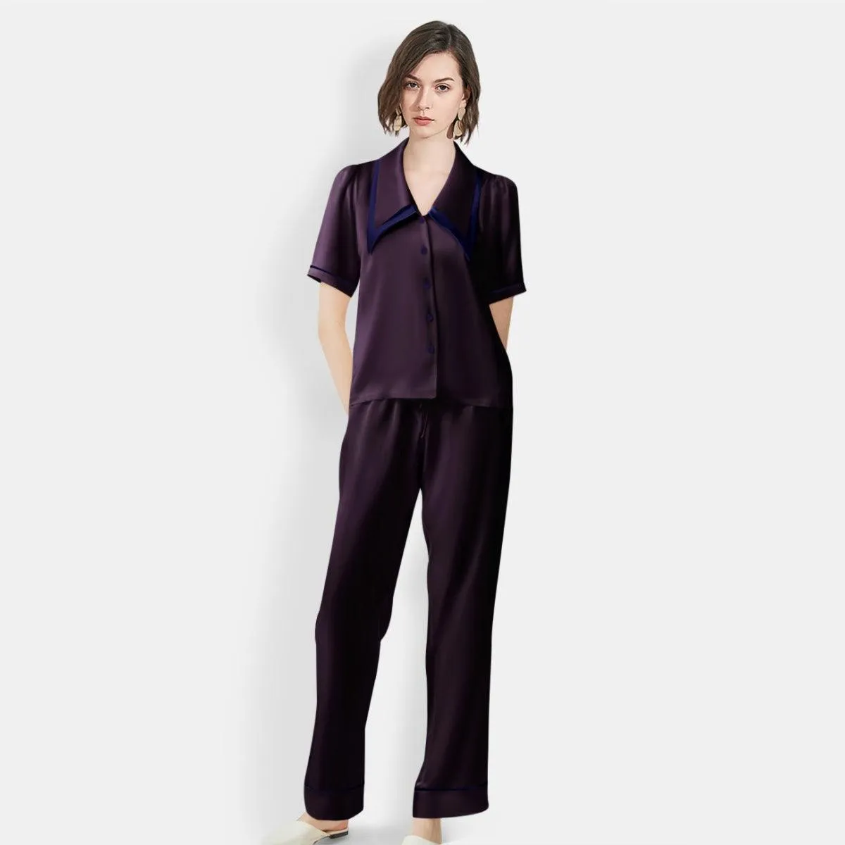 Women's Mulberry Silk Pajama Set Elegant Long Full Length Short Sleeve Silk Sleepwear