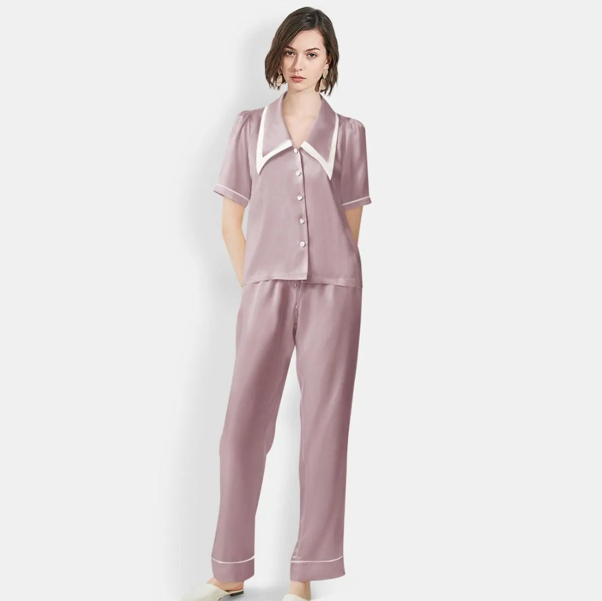 Women's Mulberry Silk Pajama Set Elegant Long Full Length Short Sleeve Silk Sleepwear