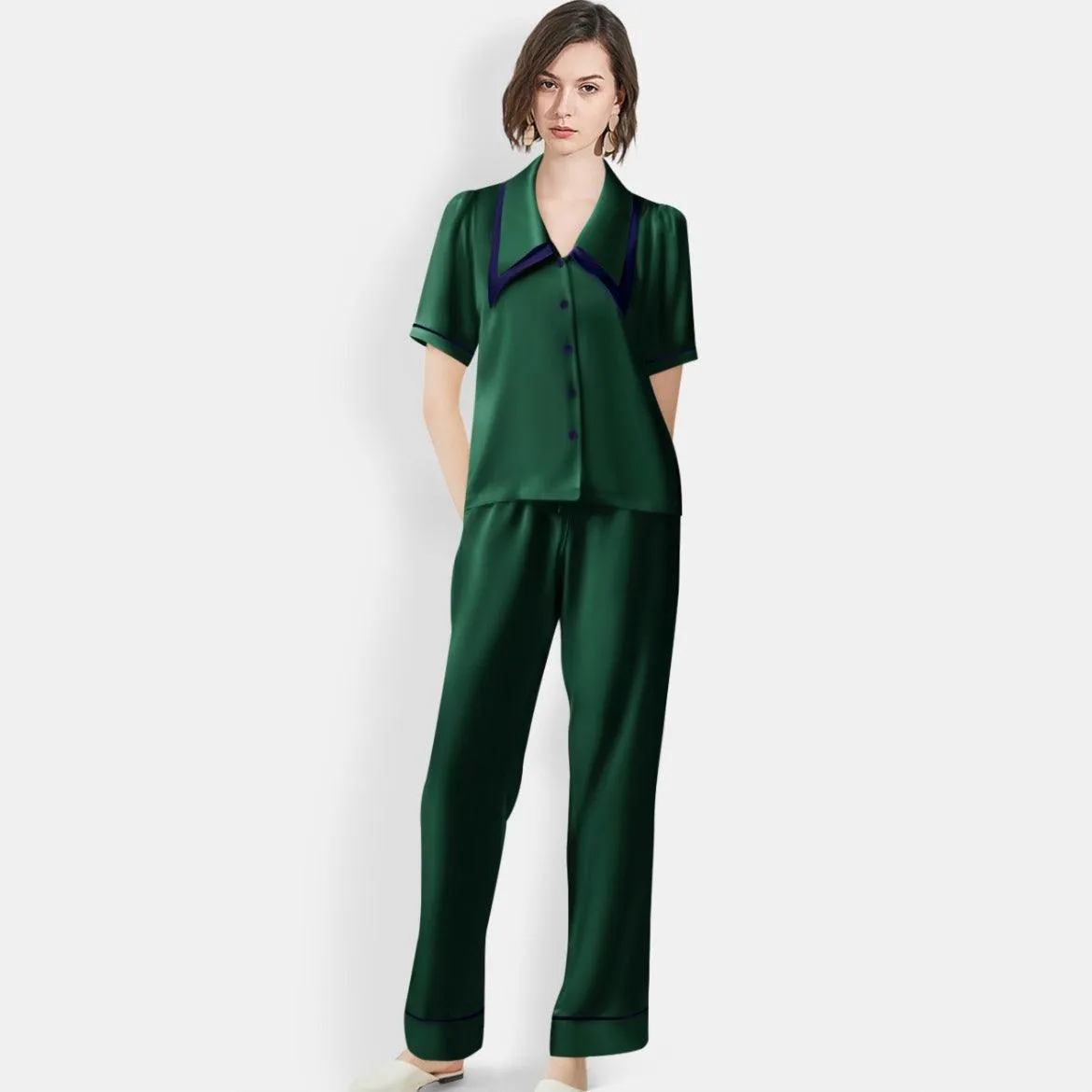 Women's Mulberry Silk Pajama Set Elegant Long Full Length Short Sleeve Silk Sleepwear