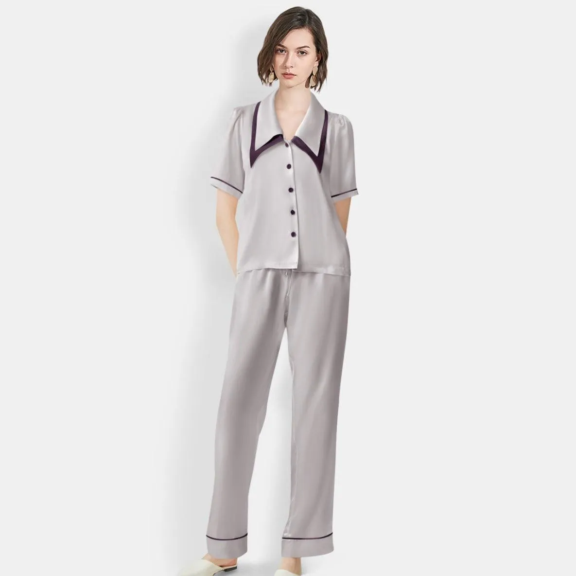 Women's Mulberry Silk Pajama Set Elegant Long Full Length Short Sleeve Silk Sleepwear